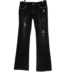 LA Idol USA Womens Dark Wash Distressed Rhinestone Bootcut Jeans Size 11 W33 L34